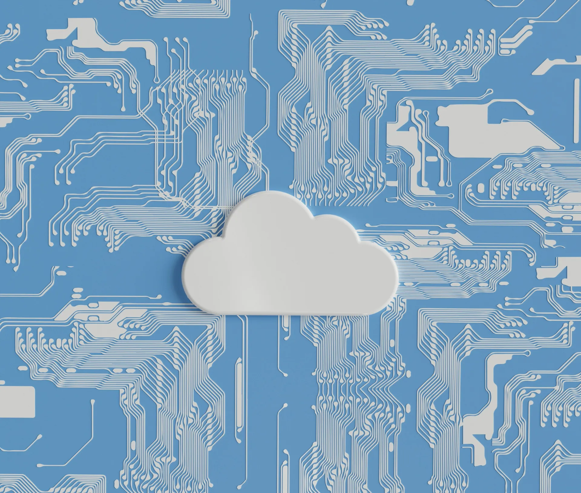 A white cloud icon sits on a blue background featuring white circuit patterns, representing cloud computing, cloud backup, and digital technology.
