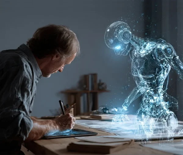 A man draws on a digital tablet at a desk while a glowing, blue holographic robot stands beside him, illustrating a people centric human ai partnership as they collaborate in designing workflows.