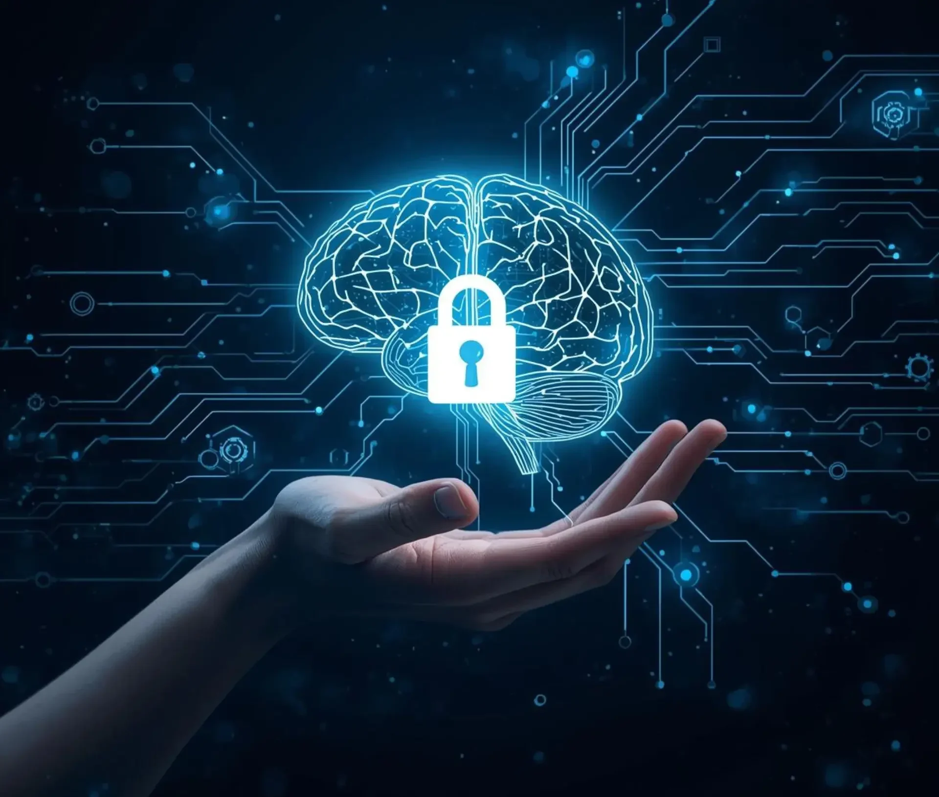 A hand holds a glowing digital brain with a padlock symbol, representing seamless cyber defence and data protection in artificial intelligence.