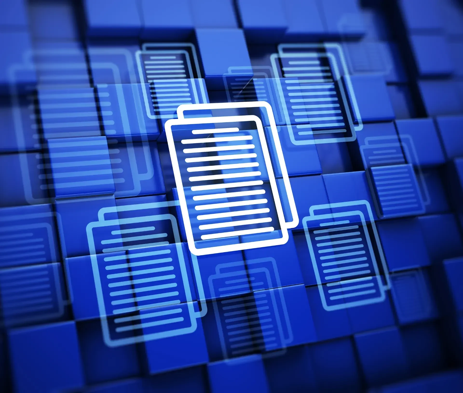 Digital illustration of document icons layered over a blue, block patterned background, symbolizing it documentation and data management to address knowledge gaps.
