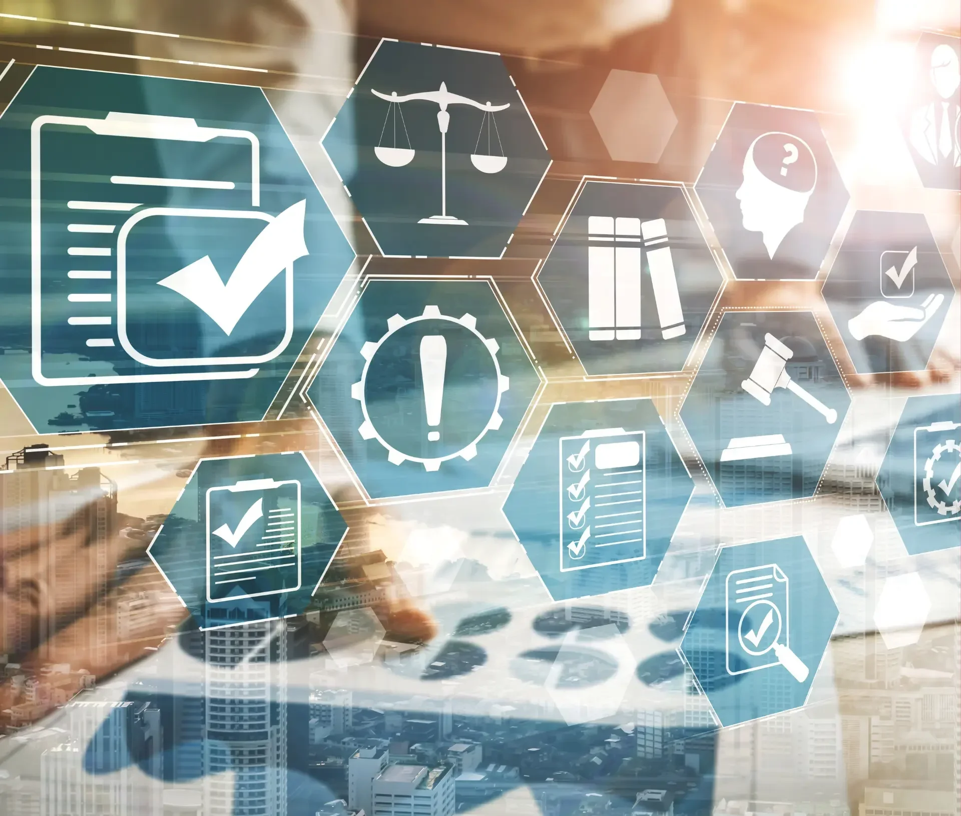 Hexagonal icons representing 2025 legal and business concepts—like a checklist, scales of justice, it policies, gears, and files—are overlaid on a cityscape background, highlighting sme innovation.