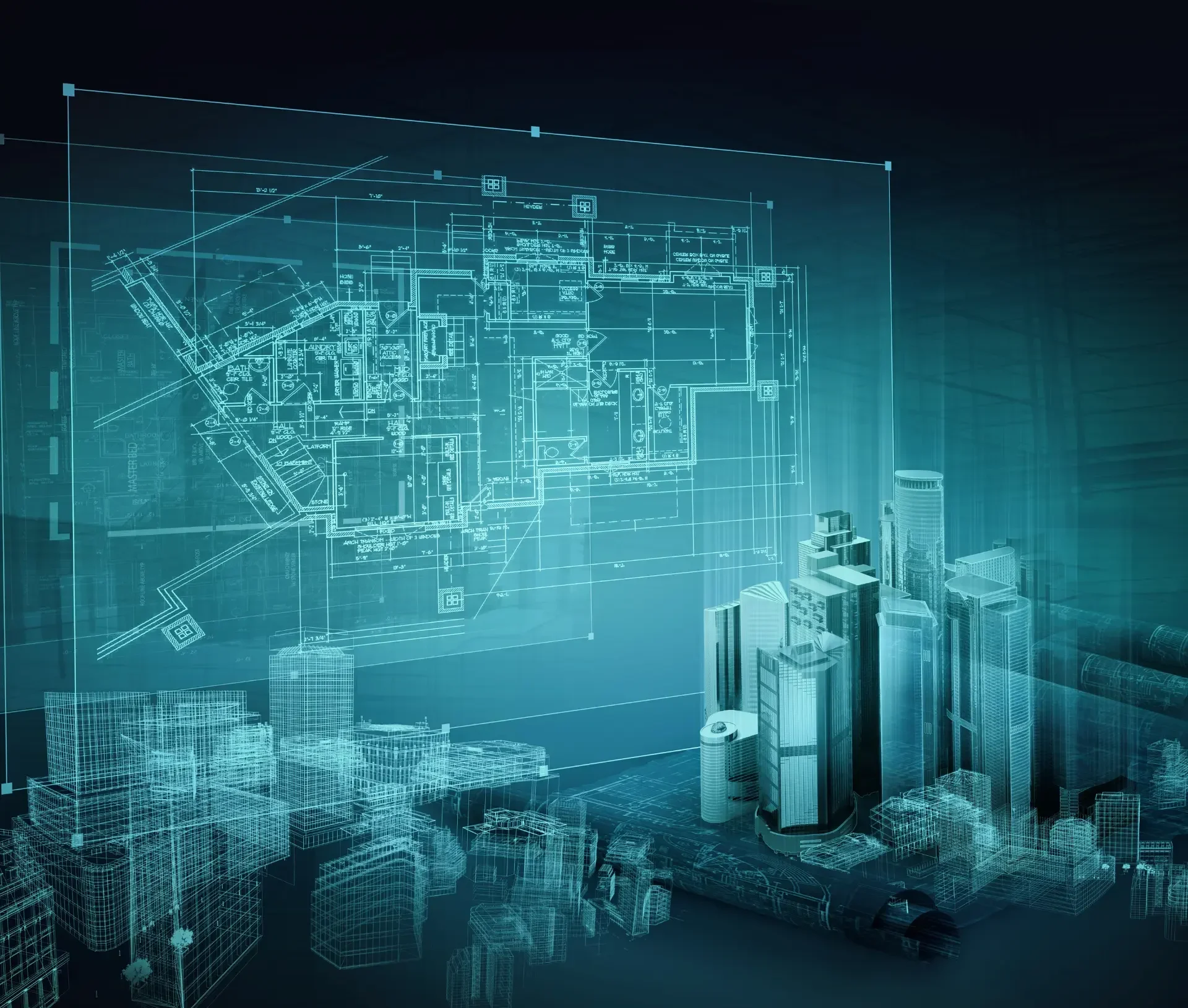 Digital render of architectural blueprints and 3d building models, illustrating an urban cityscape design process with technical schematics in the background—highlighting a risk first strategy akin to it risk management in modern project planning.