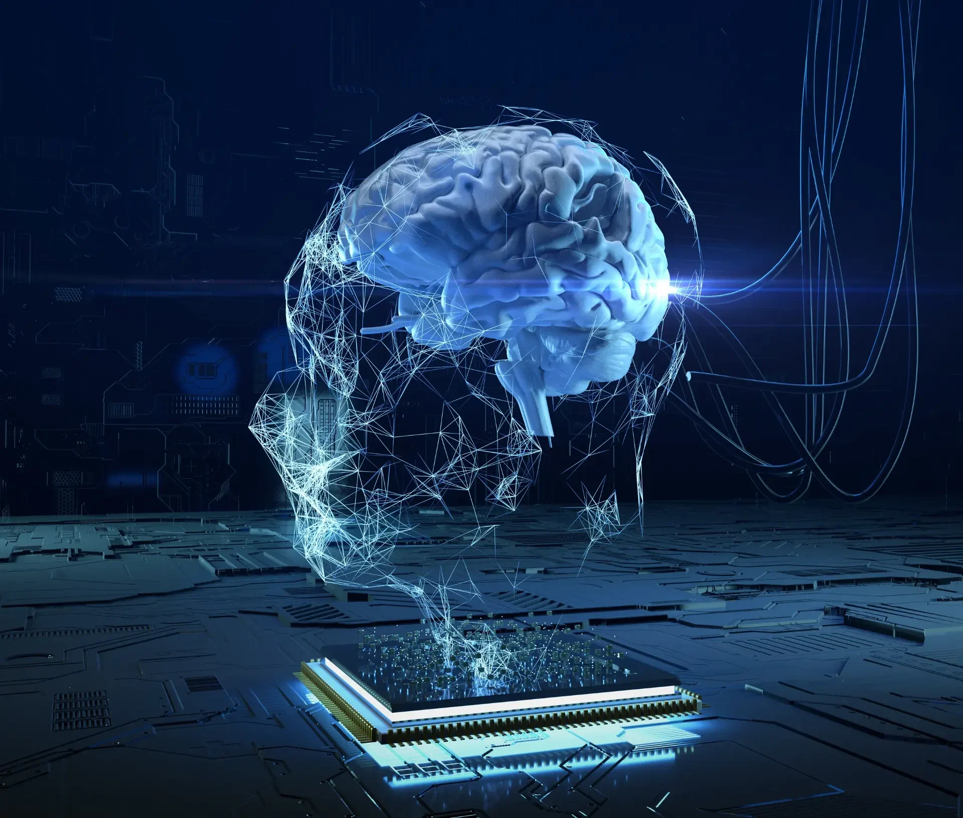 A digital rendering of a human brain formed by glowing lines and particles hovers above a computer chip, symbolizing it psychology on a dark, futuristic circuit board background.