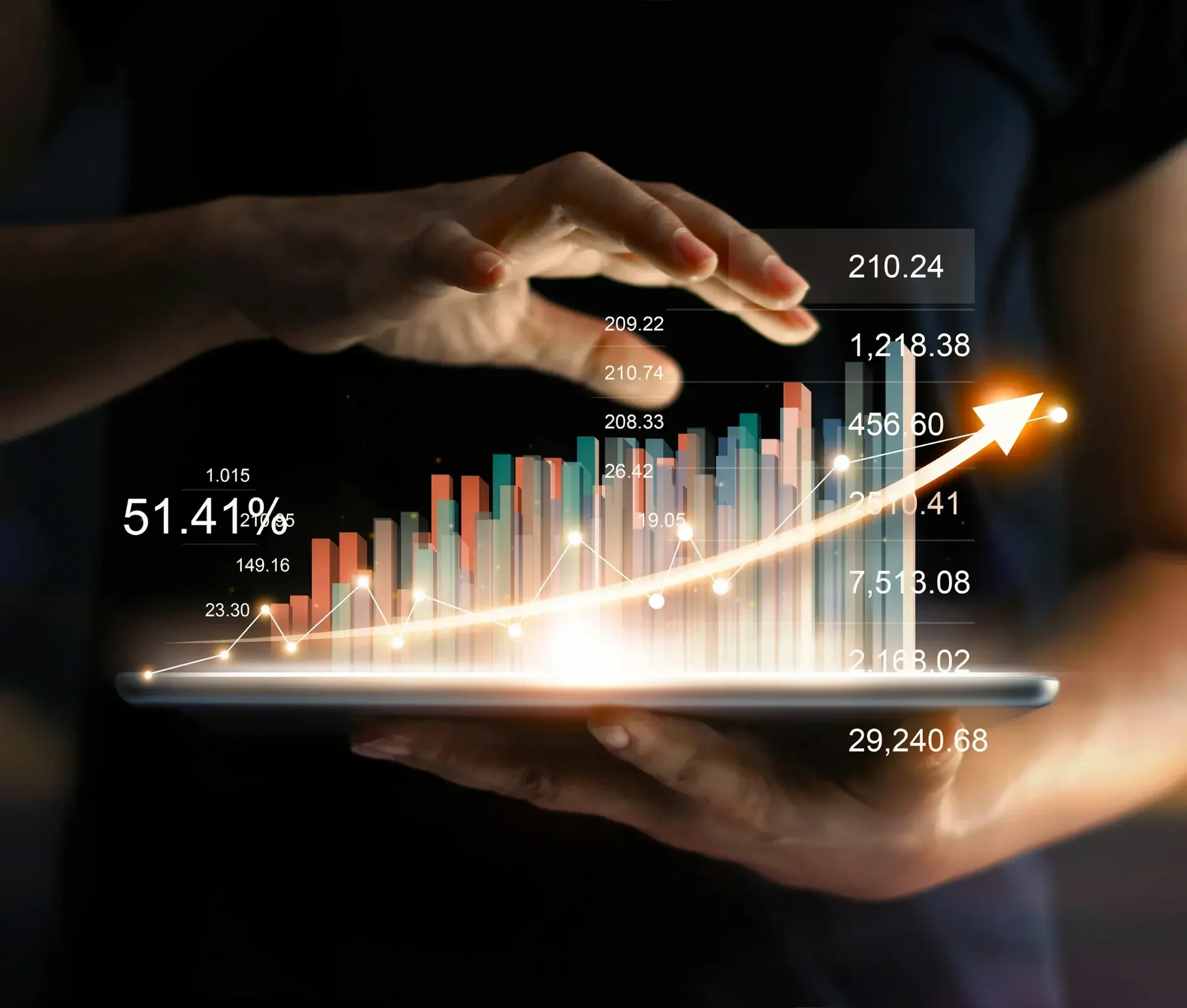 A person holds a tablet displaying a digital bar graph with data points, percentages, and an upward trending arrow, showcasing how technology drives business growth.