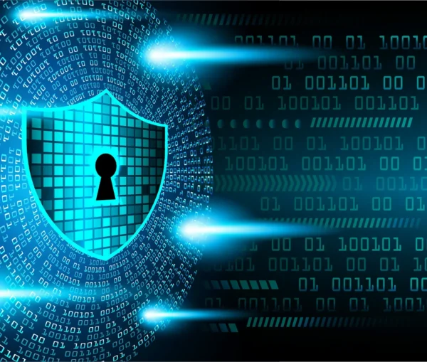 A digital shield with a keyhole is surrounded by binary code and glowing blue lines, symbolizing cybersecurity, automation, and faster recovery for effective data protection.