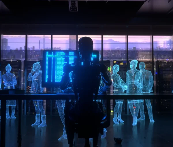 A humanoid robot sits at a desk with holographic screens, surrounded by holographic human figures in a modern office setting with large windows.