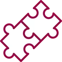 Two interlocking white puzzle pieces outlined in dark red, positioned diagonally on a black background, symbolize seamless workforce tracking.