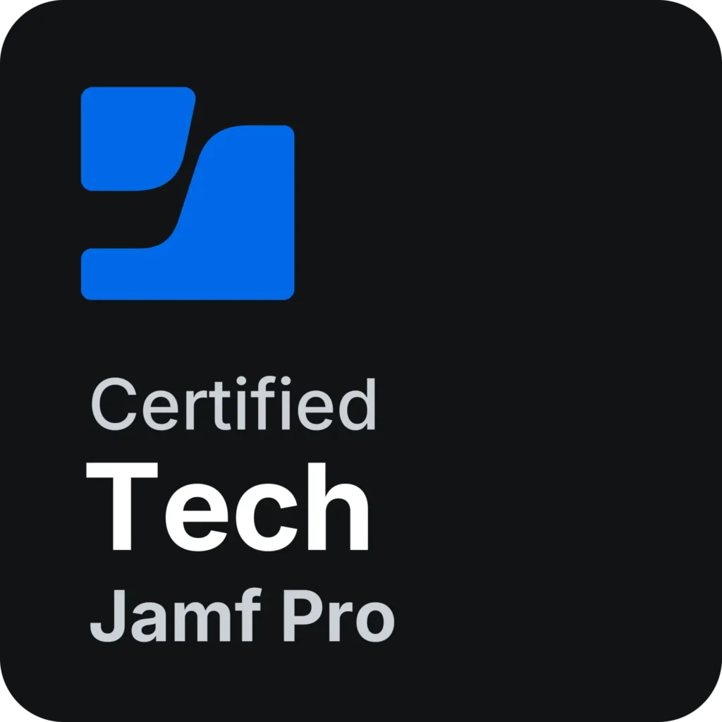 A black badge displays a blue abstract logo and the text “Certified Tech Jamf Pro” in light grey and white, indicating certification for Jamf Pro technical skills.