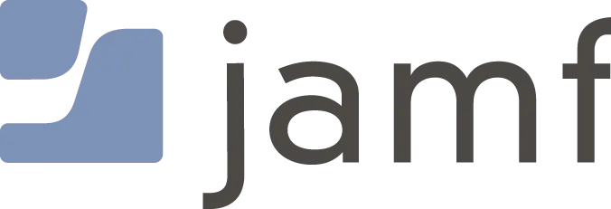 The image shows the Jamf logo, featuring a blue square with two white curved shapes on the left and the word "jamf" in lowercase black letters to the right, representing its expertise in Mobile Device Management (MDM Services).