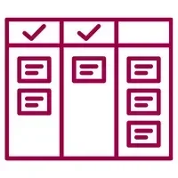 A simple outline of a three column visual workflow board or checklist, featuring check marks above the first two columns and several boxes in each column.
