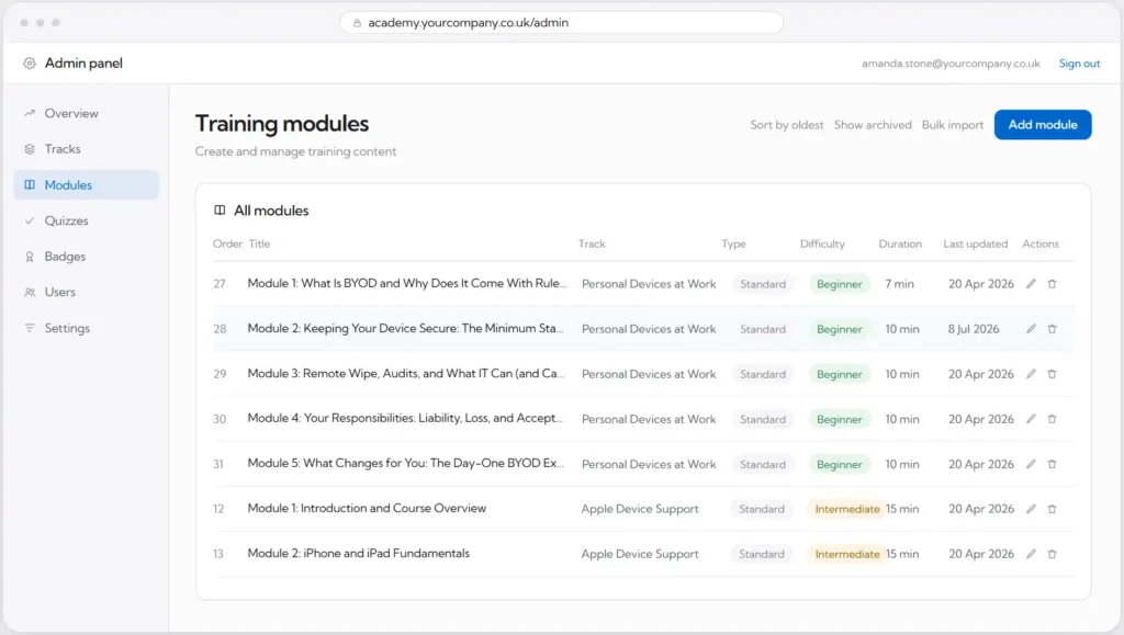 Admin panel showing a list of training modules with titles, topics, difficulty levels, durations, and due dates. The “Add module” button is visible on the right. Module 27 is selected in the list.