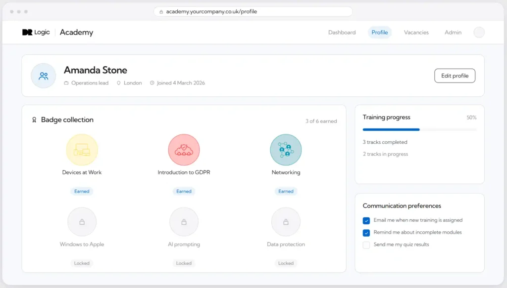 Profile dashboard for Amanda Stone shows earned and locked badges, training progress bar at 50%, communication preferences, and profile details such as role, location, and join date.