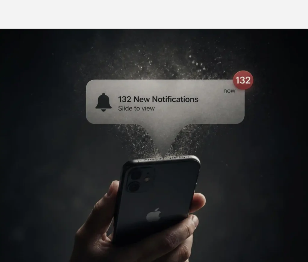A hand holds an iPhone with a notification above it showing "132 New Notifications" and a bell icon, surrounded by a misty, glowing effect against a dark background—a visual nod to push notification bombing and the rising threat of MFA fatigue in cyber security.