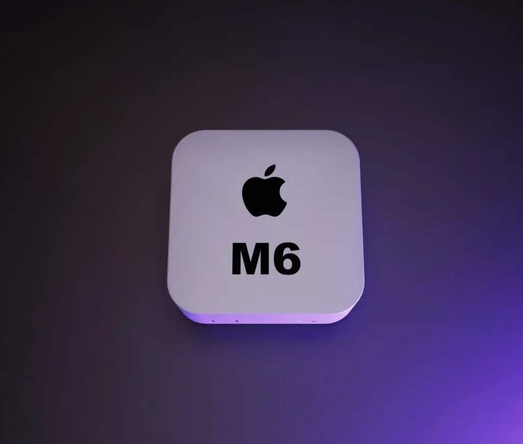 A silver device with the Apple logo and “M6” printed on top, placed against a dark background with a purple light reflecting beneath.