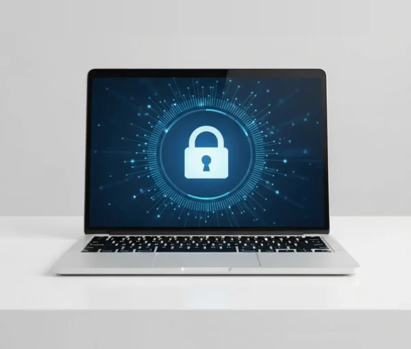 A laptop on a white desk displays a padlock icon on its screen, highlighting Mac security and symbolizing robust cybersecurity or data protection.