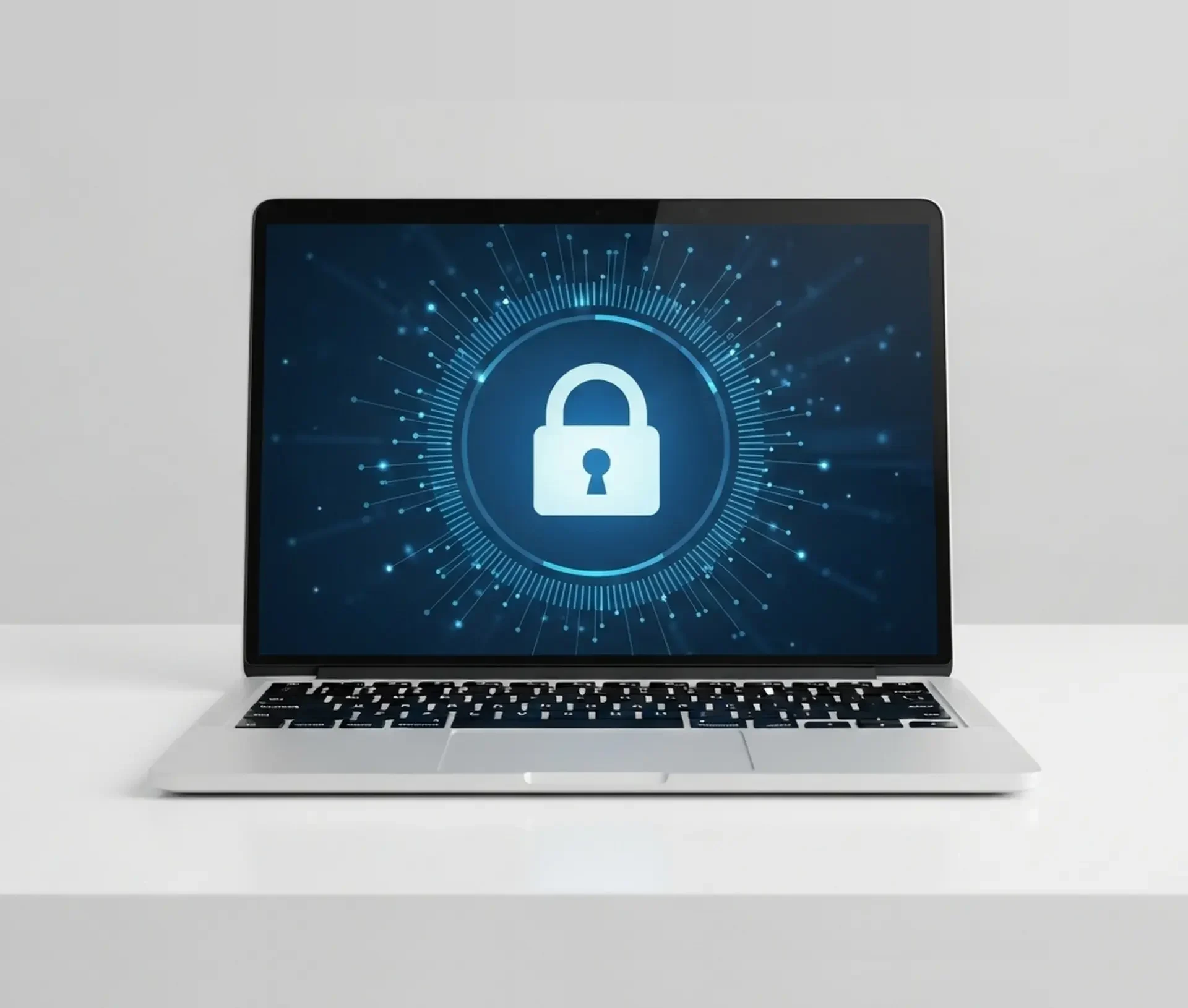 A laptop on a white desk displays a padlock icon on its screen, highlighting Mac security and symbolizing robust cybersecurity or data protection.