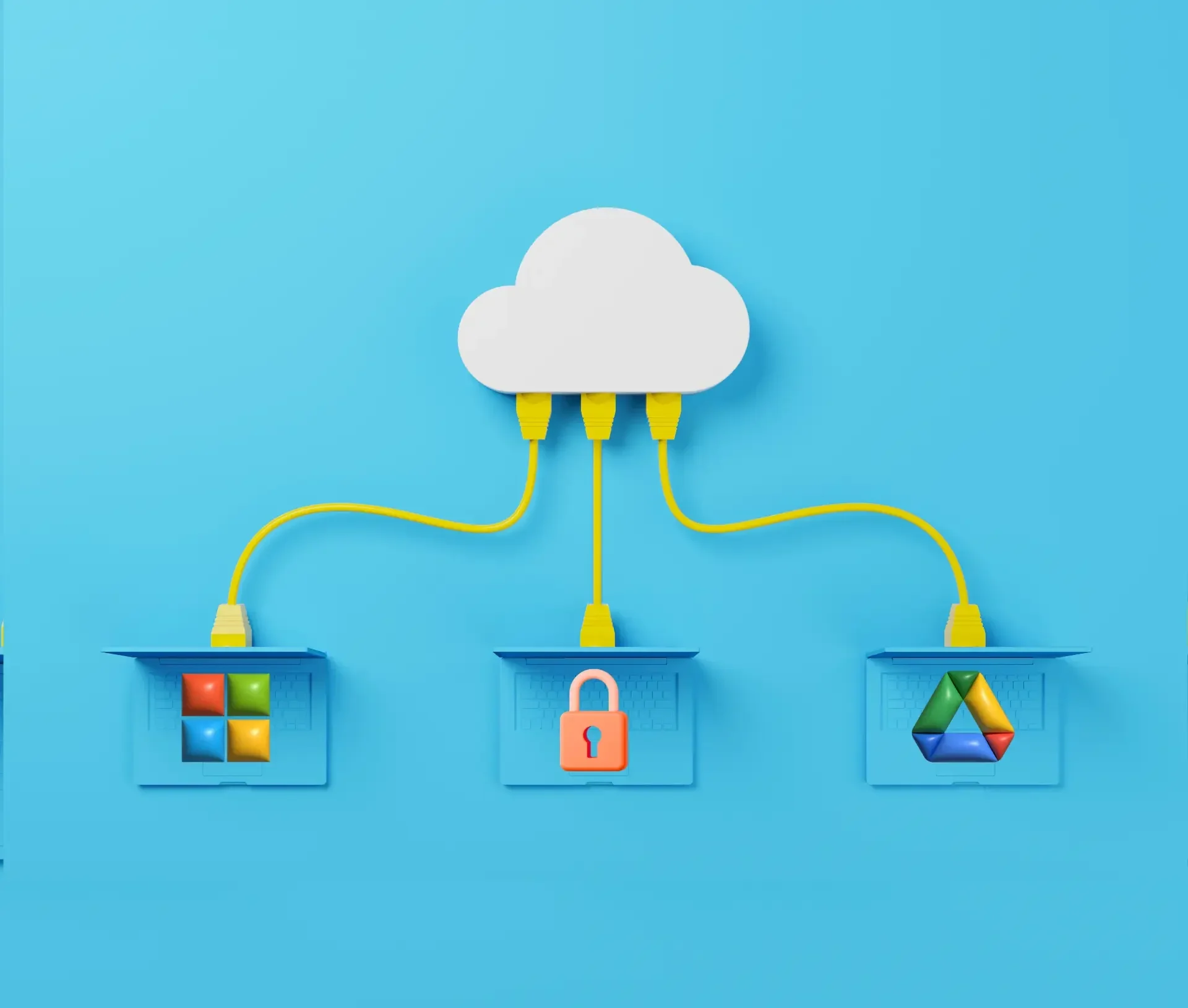 A white cloud icon connects by yellow cables to three folders—one with colored blocks, one with a lock, and one with a triangle logo—illustrating collaboration in microsoft 365 or google workspace on a blue background.
