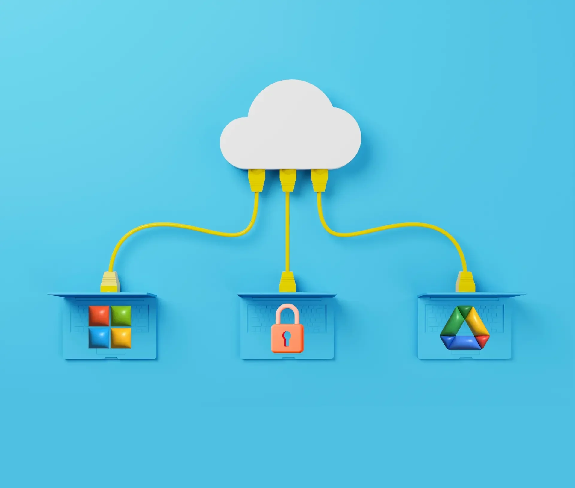 A white cloud icon connects via yellow cables to three folders labeled with app logos—including google workspace and microsoft 365—and a padlock, symbolizing secure cloud storage for hybrid teams on a blue background.
