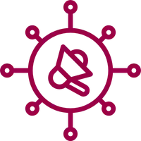 A maroon outline of a ship's wheel with an anchor symbol inside the central circle, representing workforce tracking, on a transparent background.