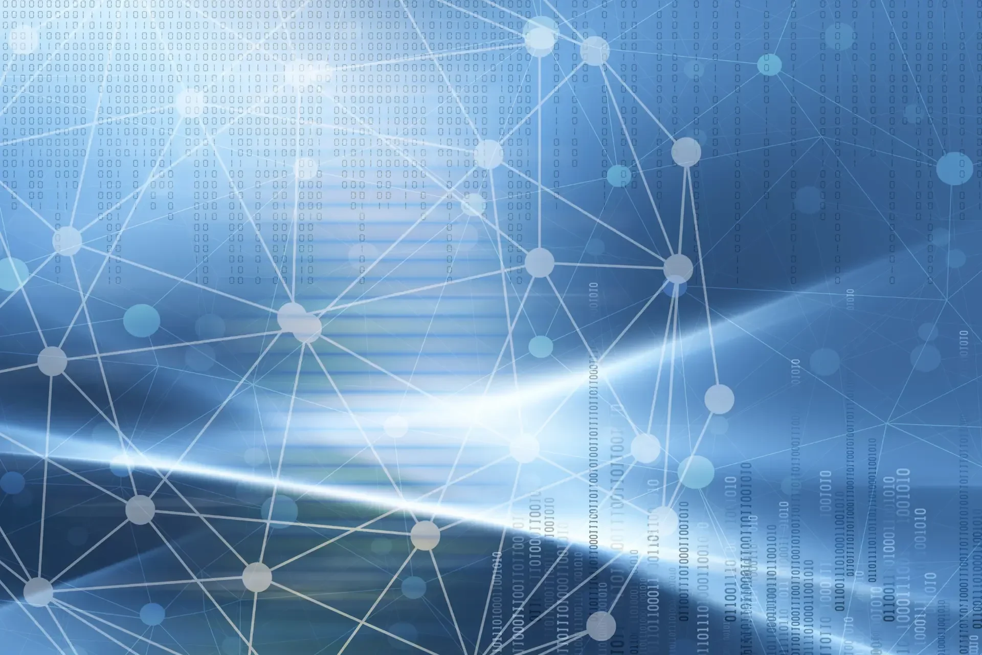 Abstract digital background featuring interconnected nodes, binary code, and blue gradient light effects, illustrating network or data technology concepts central to the uk cybersecurity vision and the national cyber strategy.