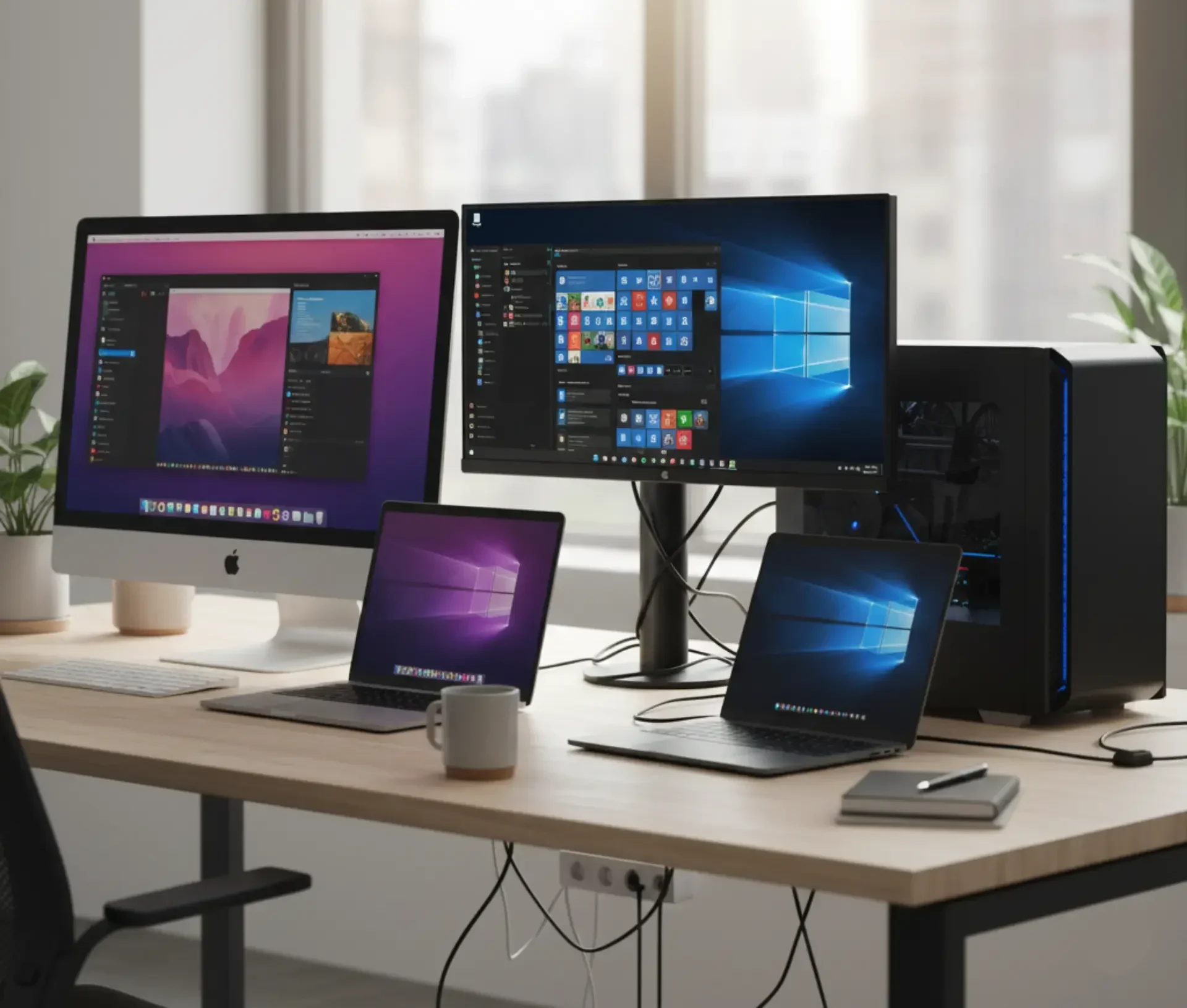 A modern office desk designed for the hybrid workplace, featuring an imac, two laptops, a windows pc, dual monitors, a coffee cup, and a notebook in a bright room with city views.
