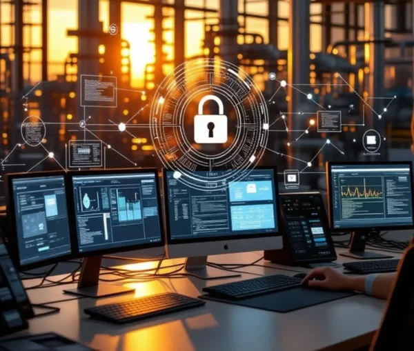 Multiple computer monitors displaying operational technology and cyber security data on a desk, with a digital padlock icon overlay and an industrial facility in the background at sunset.