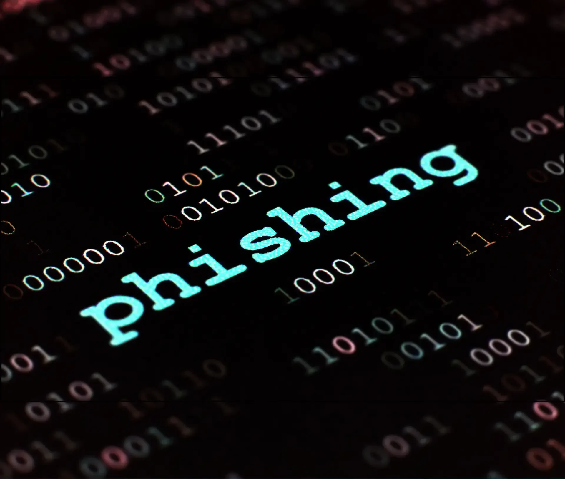 The word "phishing" glows in blue against a dark background filled with binary code in various colors, symbolizing how smes need to outsmart attackers as phishing 2025 threats evolve.