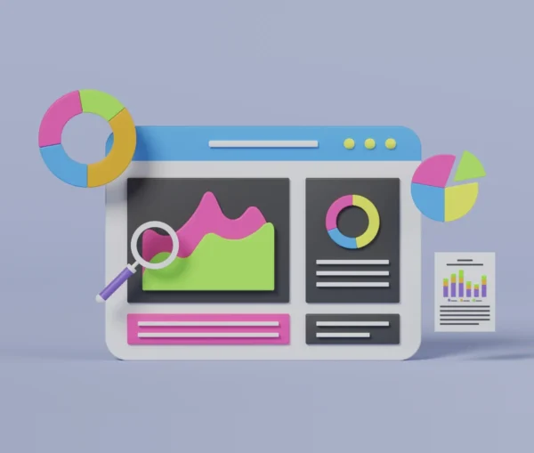 3d illustration of a digital dashboard showcasing colorful charts, graphs, and analytics with pie charts and a magnifying glass, highlighting predictive analysis on a light purple background.