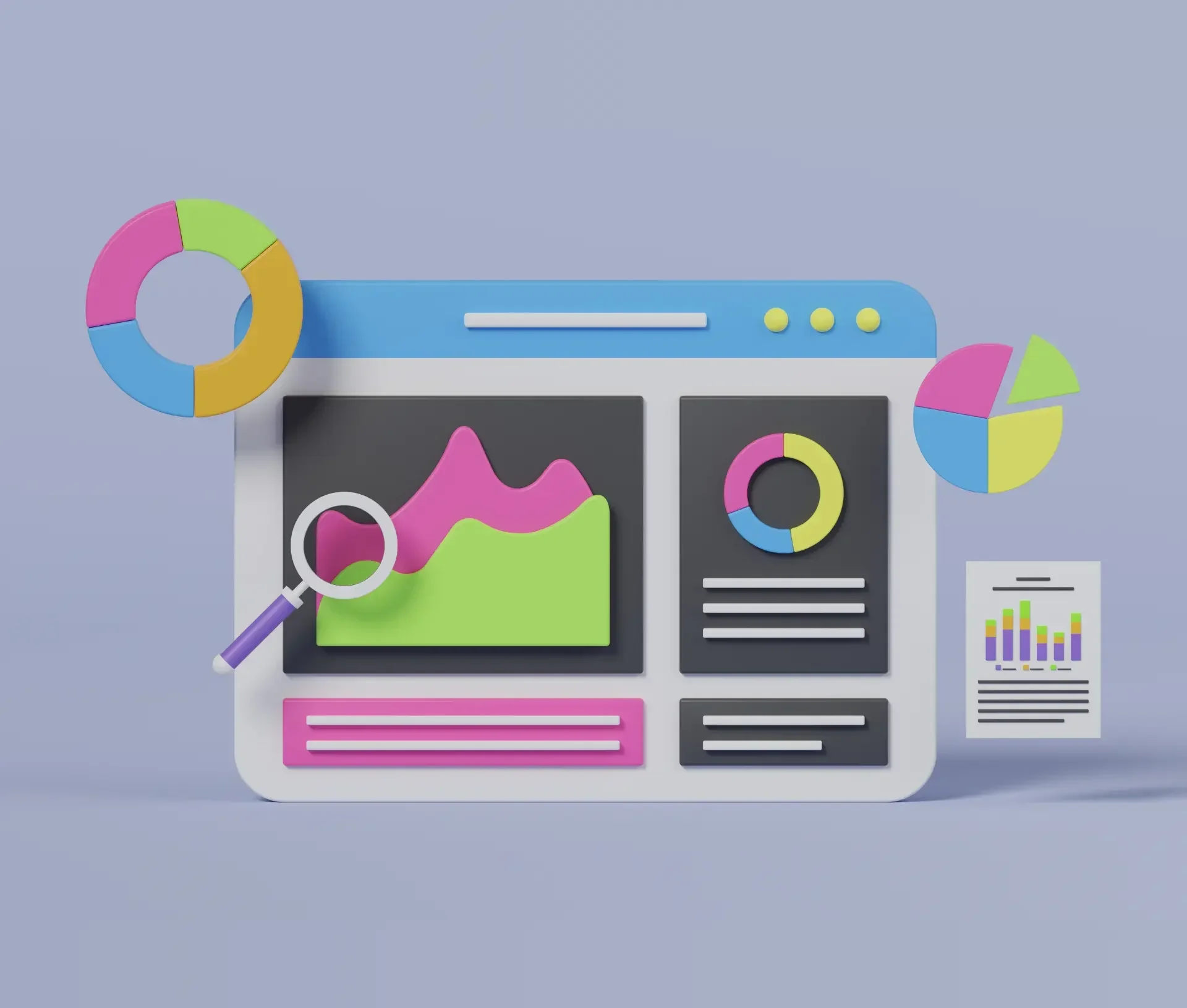 3d illustration of a digital dashboard showcasing colorful charts, graphs, and analytics with pie charts and a magnifying glass, highlighting predictive analysis on a light purple background.