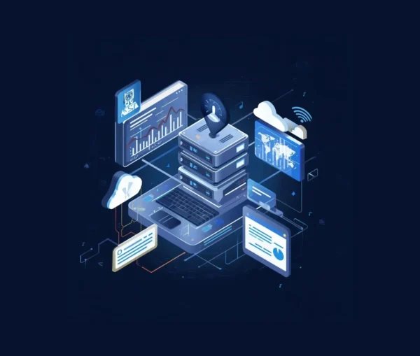 Isometric illustration of an IT computer server with connected digital screens displaying data charts, predictive monitoring graphs, cloud icons, and network signals on a dark blue background.