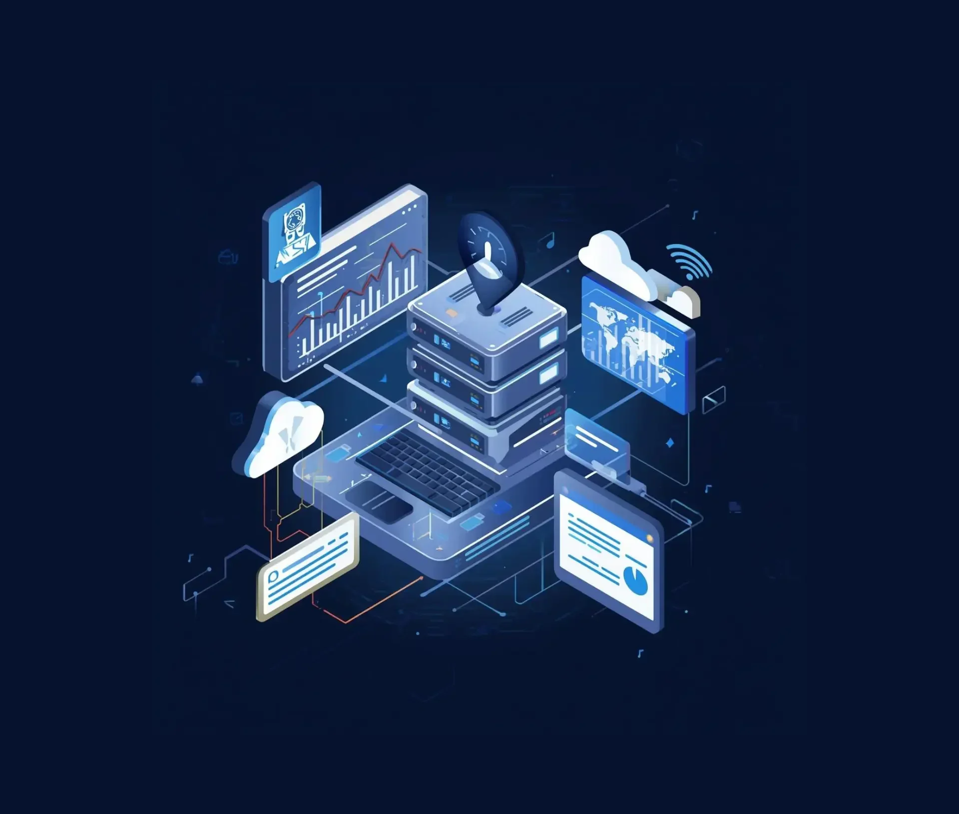 Isometric illustration of an IT computer server with connected digital screens displaying data charts, predictive monitoring graphs, cloud icons, and network signals on a dark blue background.