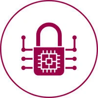 A maroon padlock with electronic circuit lines symbolizes cybersecurity—ideal for platforms focused on candidate outreach or cv parser tools—centered in a thin maroon circle on a white background.