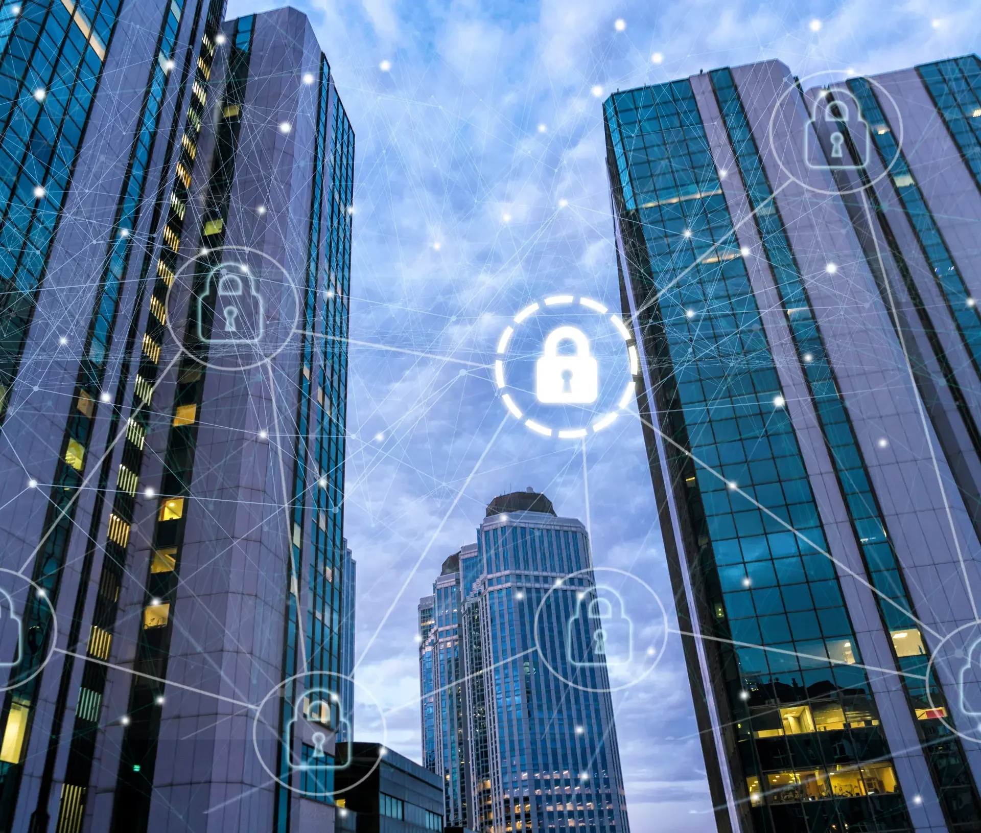 Tall modern office buildings with digital lock icons and connecting lines overlayed, symbolizing soc driven network security and data protection for business in an urban environment.