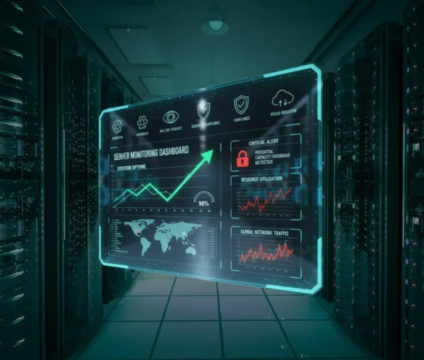 A digital server monitoring dashboard with graphs, alerts, and global network traffic data helps prevent outages in a futuristic data center environment.