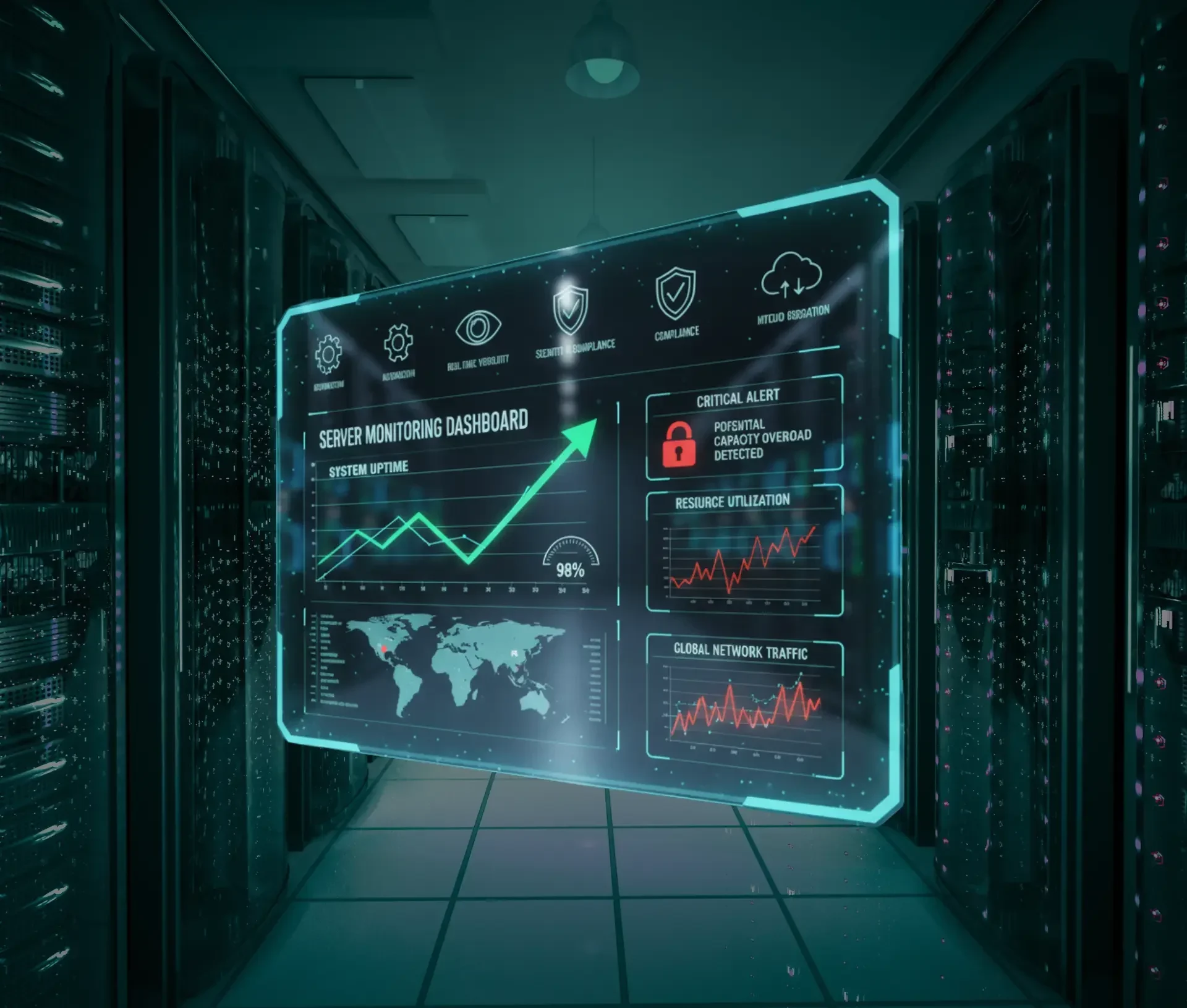 A digital server monitoring dashboard with graphs, alerts, and global network traffic data helps prevent outages in a futuristic data center environment.