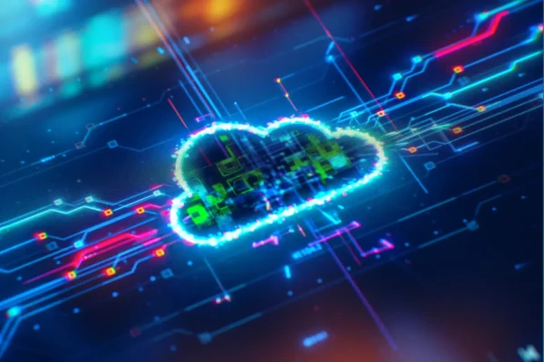 A digital illustration of a glowing cloud icon surrounded by circuit like connections, representing how cloud computing and simplified tech stacks empower lean businesses yet remain a double edged sword in data transfer technology.