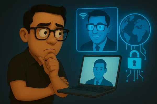 A man with glasses looks thoughtfully at a laptop displaying a virtual meeting, with digital icons of a globe, lock, and wifi in the background—emphasizing the importance of cyber security for smes.
