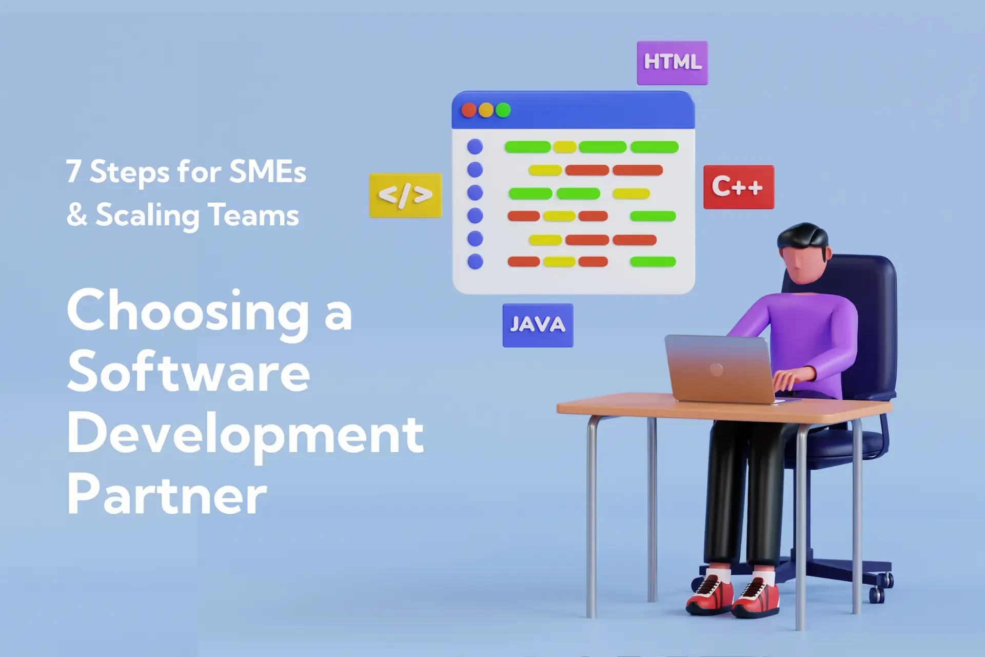 A person sits at a desk with a laptop, surrounded by floating code icons, beside text highlighting the importance of choosing the right software development partner for smes and scaling teams.