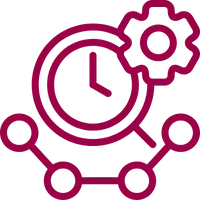 Red icon showing a clock with a gear above it and connected nodes below, symbolizing efficiency in timesheet or workforce tracking.