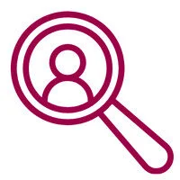 A magnifying glass icon with a simple person silhouette inside, symbolizing searching for a person or user—perfect for representing a job vacancy tool or job scraping features.