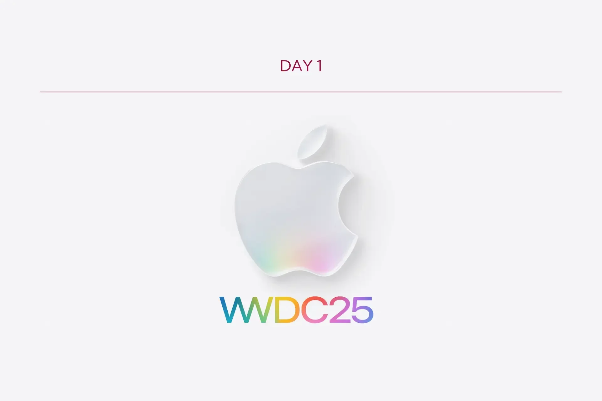 Apple logo with a subtle rainbow gradient and a hint of liquid glass below “wwdc25”; above, the text "day1" is centered on a white background.