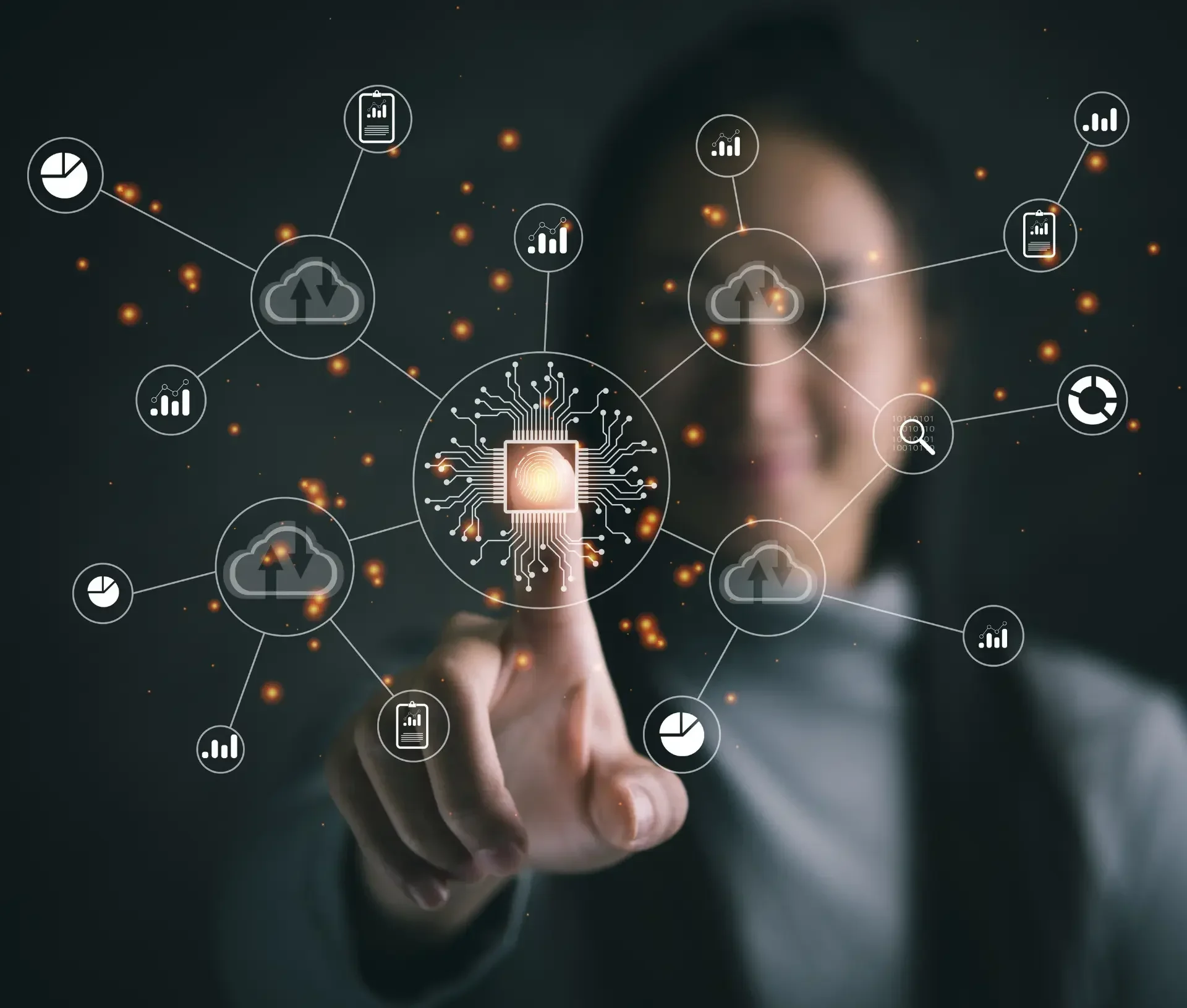 A person touches a virtual interface displaying interconnected technology and data icons, with a central microchip graphic symbolizing workflow automation.