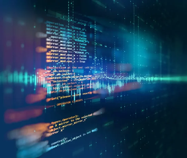 Lines of computer code are displayed on a screen with abstract digital elements and a blue toned background, representing programming, data visualization, and the importance of backups for smes in business continuity planning.