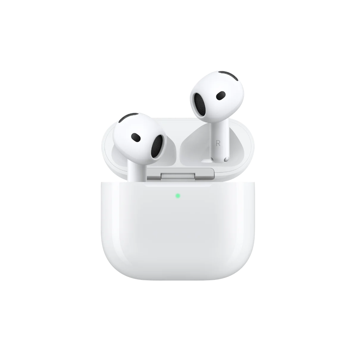 A pair of white wireless earphones inside their open, glowing charging case, as shown at the Apple September 2026 event.