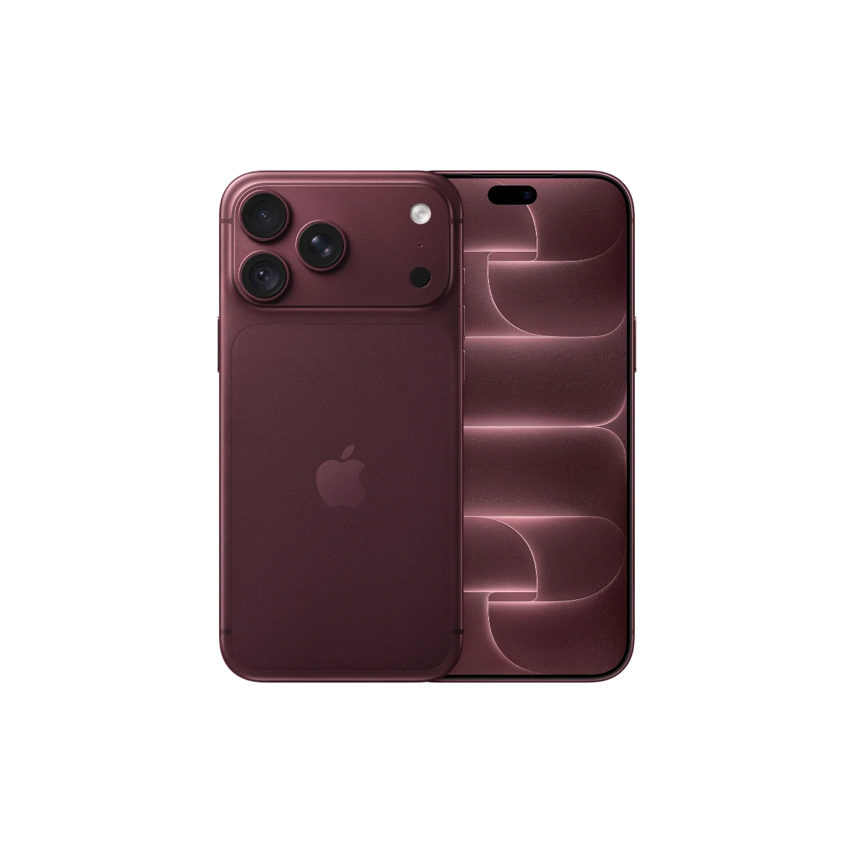 Dark red smartphone shown from both the front and back with a triple lens rear camera system, as seen during the Apple September 2026 event.