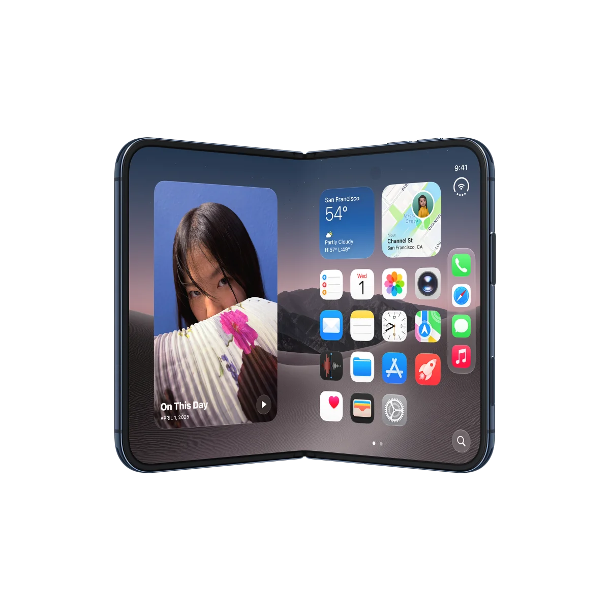 A blue foldable smartphone shown partially open at the Apple September 2026 event, displaying a home screen with an “On This Day” photo widget, weather, maps, and various app icons.