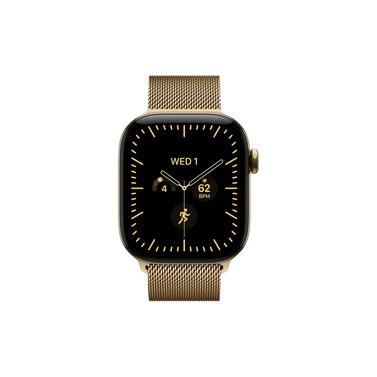 Gold tone smartwatch with a metal mesh strap and a black digital face displaying the date, heart rate, and an activity icon, as seen during the Apple September 2026 event.