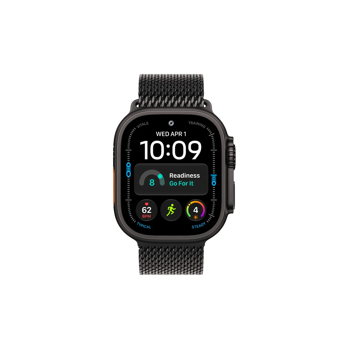 Black Apple smartwatch with a digital display showing the time as 10:09, a readiness score of 8, and heart rate and activity metrics following the September 2026 announcement.