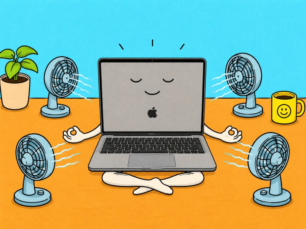 A cartoon Mac laptop sits cross legged, meditating with a smiling face on its screen. Four fans blow air towards it, and there’s a plant and a yellow mug with a smiley face on the desk—all set against a bright blue background. Mac tips await!.
