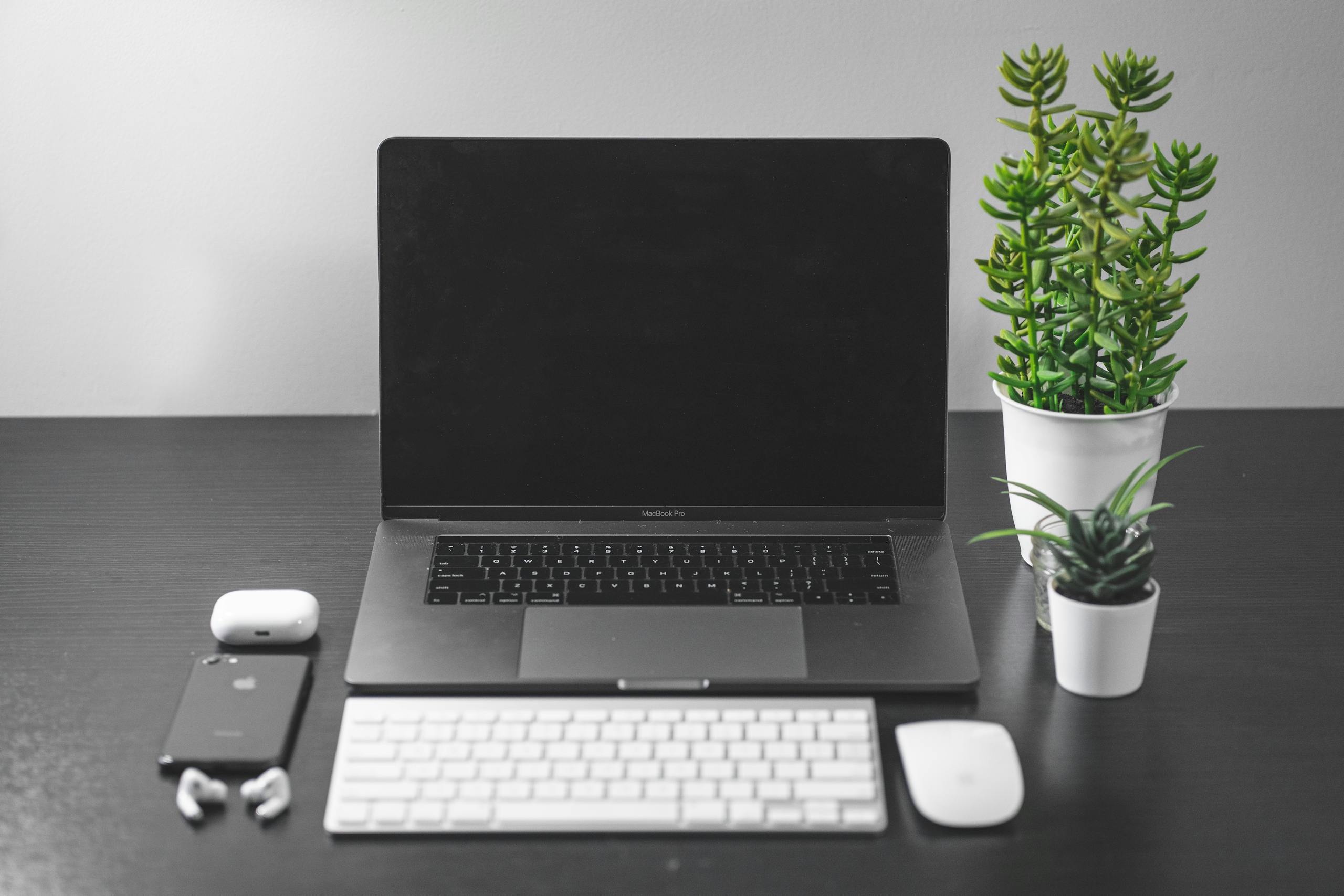 Clean and organized desk setup featuring a laptop, smartphone, and plants for a modern workspace vibe.